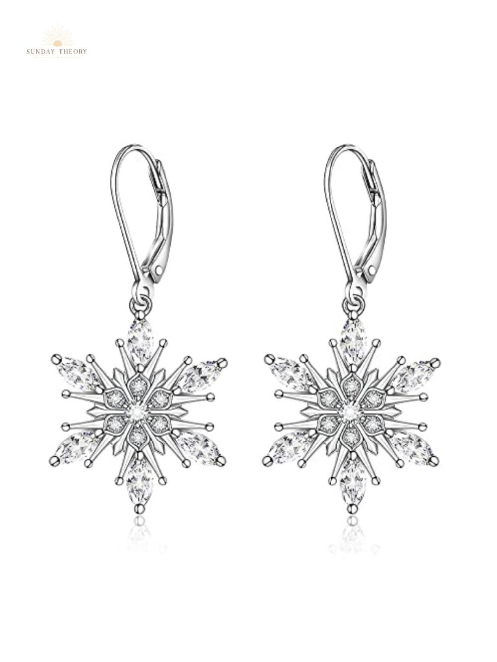 Snowflake Dangle Earrings 925 Sterling Silver Leverback Drop CZ